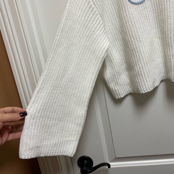 moon & madison SALTY  Sz Small Cream Sweater with Blue Script Bell Bell Sleeve - Picture 4 of 9